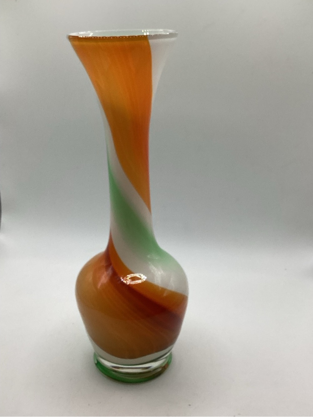 Handblown Swirl Glass Vase in Orange, White & Green